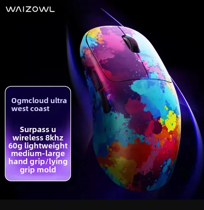 Waizowl OGM Cloud Ultra Mouse para jogos sem fio de três modos Surpass U UWB 30000DPI PAW3950 Sensor 8000Hz Mouse leve para esportes eletrônicos