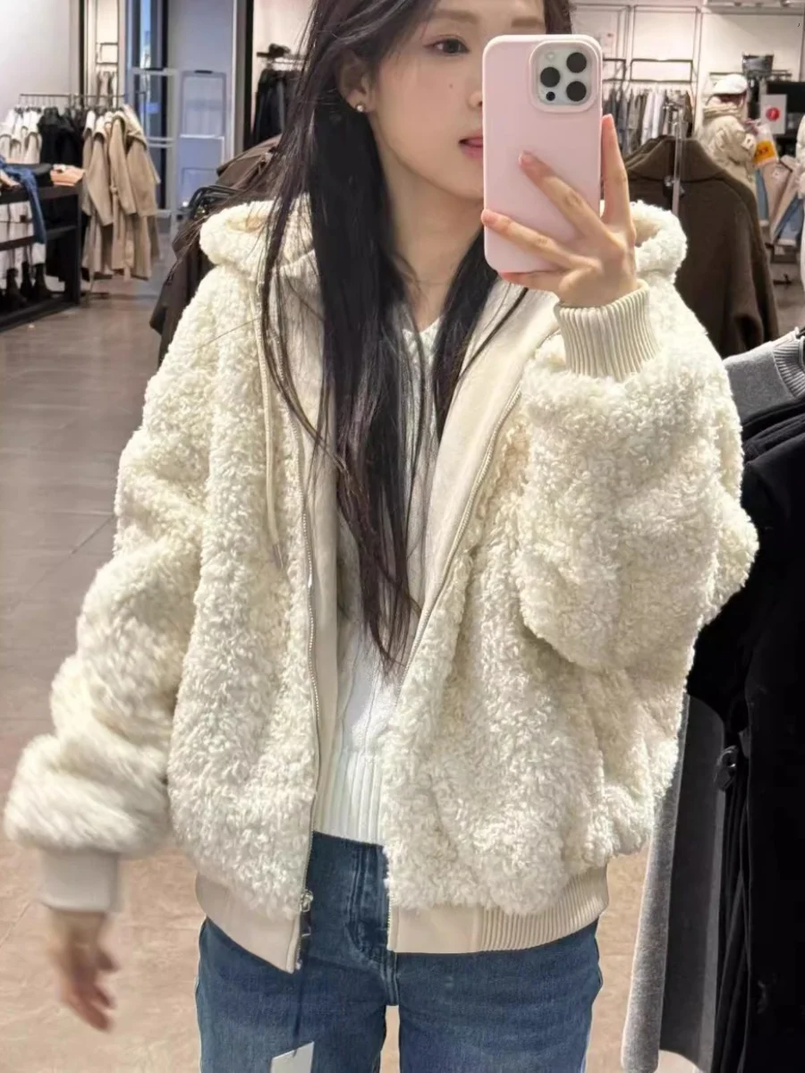 

Lamb Fur Hooded Fce Jaet Women's Loose Thiened Autumn Winter New Arrival Polyester Fiber Zipper Closure ort Coat