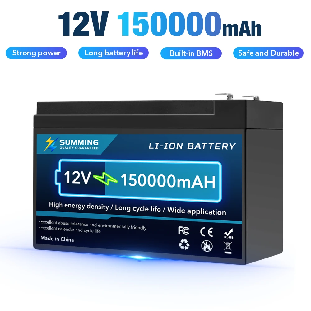 12V 150000mAh 18650 Li-Ion Rechargeable Battery for Solar/Wind Power UPS Scooters Lighting Power Wheels Fish Finder Built-in BMS