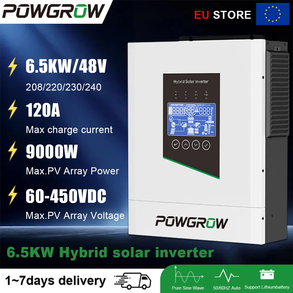POWGROW 3.6KW 5KW 6.5KW 12KW Solar Hybride Omvormer Zuivere Sinusgolf 450VDC Inverter MPPT Laadregelaar Off Grid Met WIFI BMS
