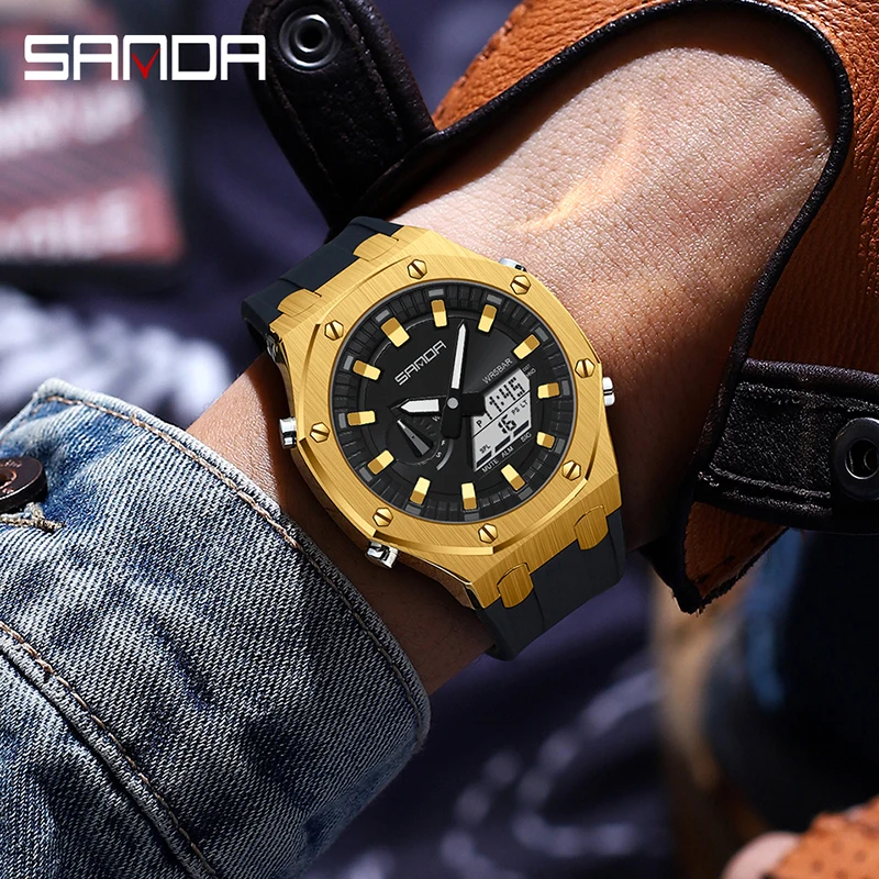 SANDA 3309 ساعات رجالي على الموضة شاشة مزدوجة رقمية ساعات معصم كوارتز 50 متر مقاومة للماء ساعة عسكرية رياضية Relogio Masculino