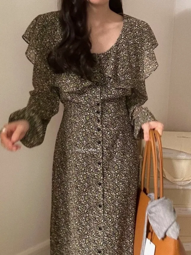 Vestido e Vintage con estampado Floral para primavera y otoño, vestido adeazante con cuello de volantes para mujer, ...