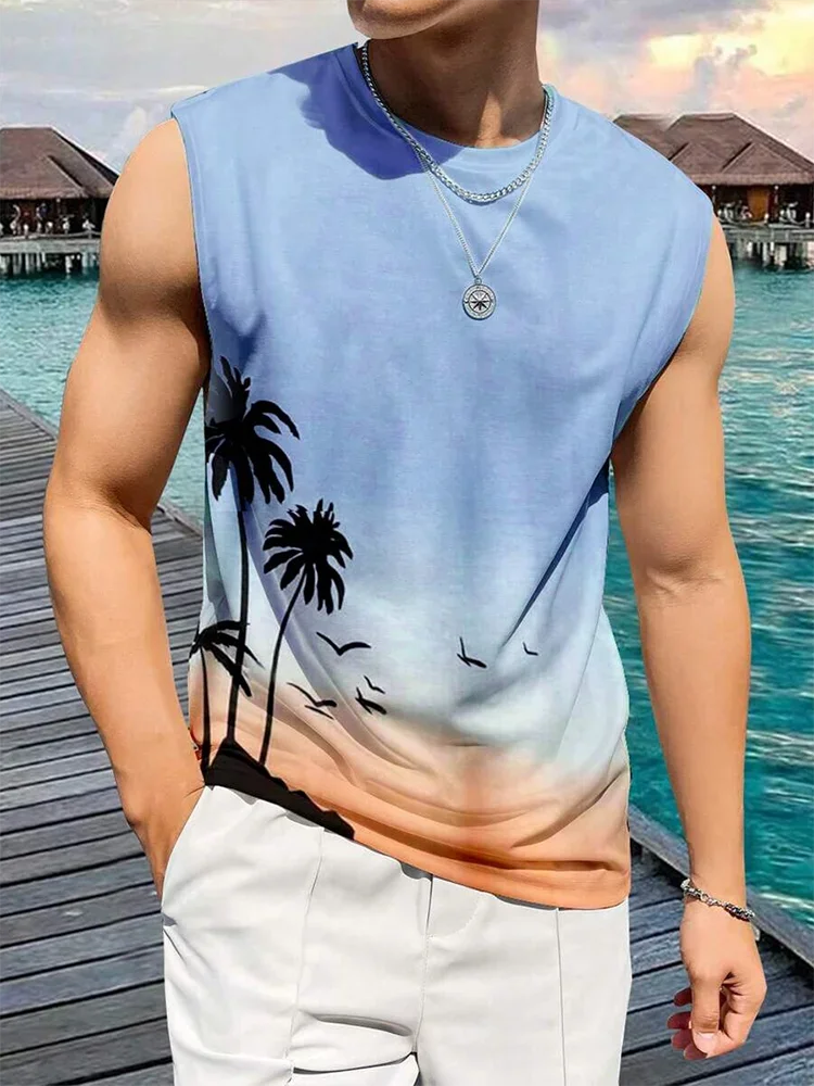 

Hawaiian style mens fashionable round neck vest summer new casual 3D printed mens sleeveless T-shirt outdoor beach mensvest 2025