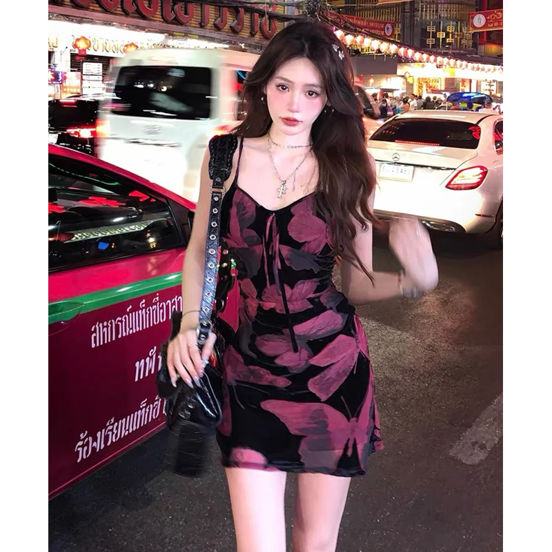 

Elegant Vintage Slim Print Midi Dresses for Women Sleeveless Spaghetti Strap Red Butterfly Fashion Women's Clothing Summer 2024