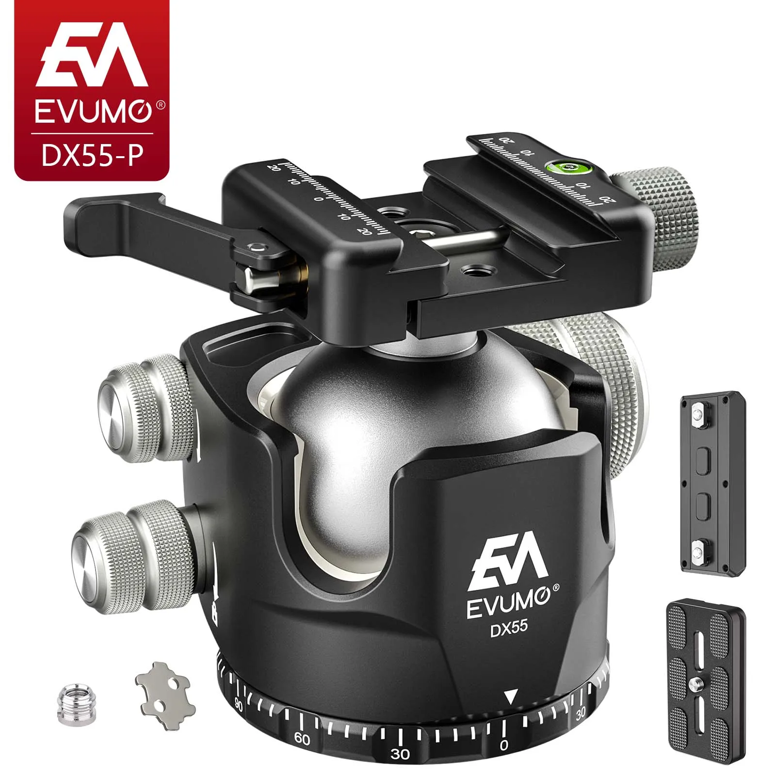 

EVUMO DX55-P Tripod Ball Head 55mm Arca to Picatinny Mount Lever Release Tripod Head with Mlok Arca Rail & Q.R Plate Load 40kg
