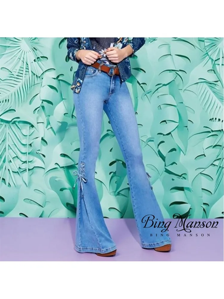 

Women's New Spring/Summer Solid Color High Waist Lace Up Decorative Flare Pants Elastic Jeans Fashion Street Casual Y2K Pants