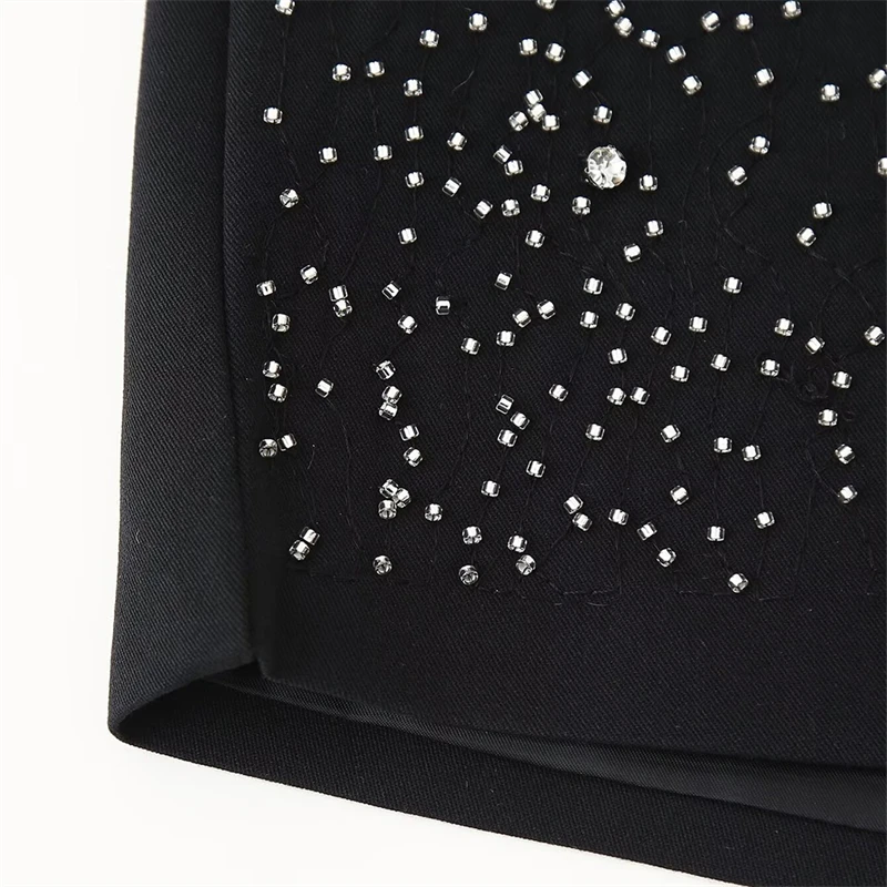 KEYANKETIAN 2025 새로운 여성 인공 보석 구슬 장식 반바지 사이드 지퍼 높은 허리 슬림 럭셔리 스트레이트 레그 반바지