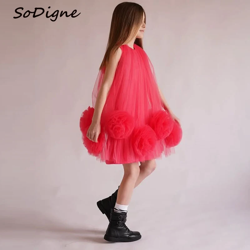 

SoDigne 3D Flower A-line Tulle Flower Girl Dress O-neck Sleeveless Skirt Girls Party Dresses 2025 Kid Gown Customized