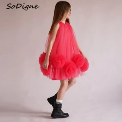 SoDigne 3D Flower A-line Tulle Flower Girl Dress O-neck Sleeveless Skirt Girls Party Dresses 2025 Kid Gown Customized