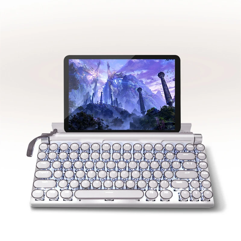 Retro Typemachine Bluetooth-toetsenbord Zilver Wit Stoom Punk Dot Groene schakelaars Witte achtergrondverlichting Draadloos mechanisch toetsenbord