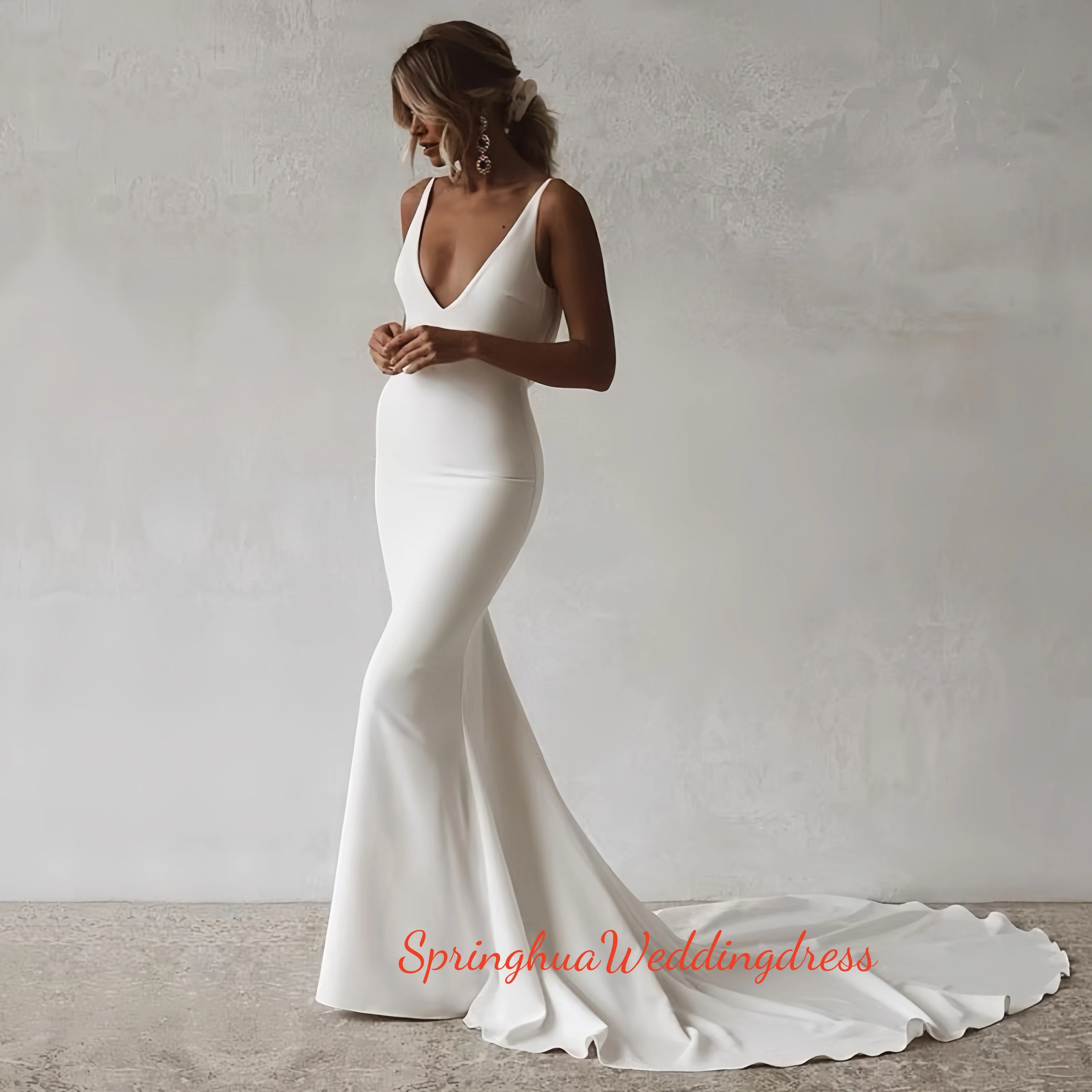 

Customized Sexy Bridal Gowns Wedding Dresses Spaghetti Strap V-neck Pleated Boho Bridal Gowns vestidos de novia