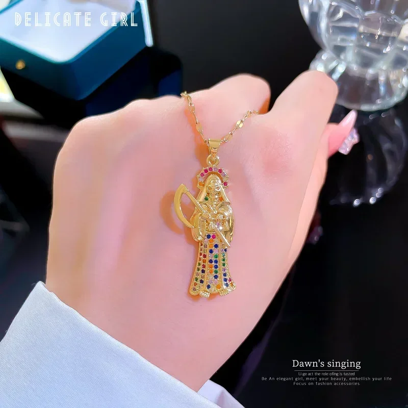 Holy Death Necklace for Saints Gold Plated Multi-color Pendant Necklace Stainless Steel Chain Christian Jewelry Santa Muerte