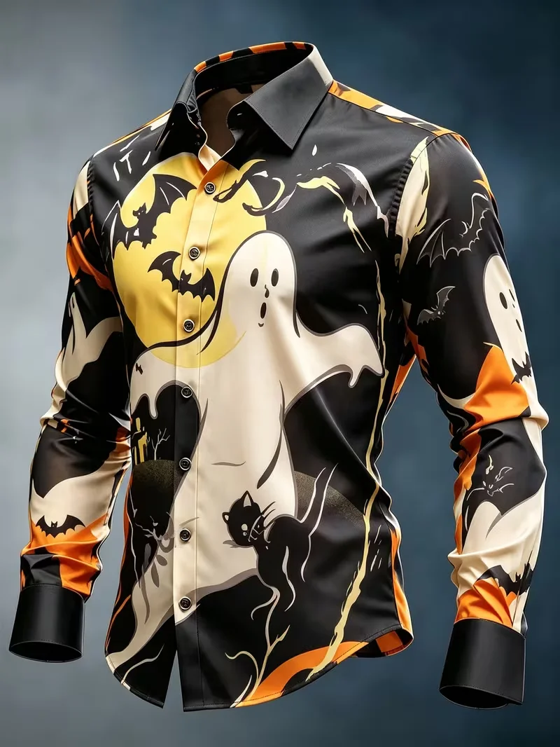 New Halloween Ghost Bat Black Cat 3D Printed Pattern Long Sleeve Shirt Dark Fun Men's Slimming Shirt Top