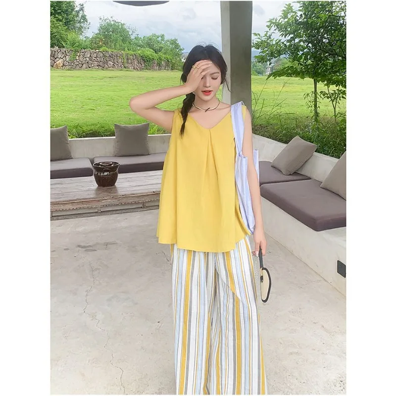 Plus Size Color Block Striped Wide Leg Pants Elastic Waist Casual Loose Trousers