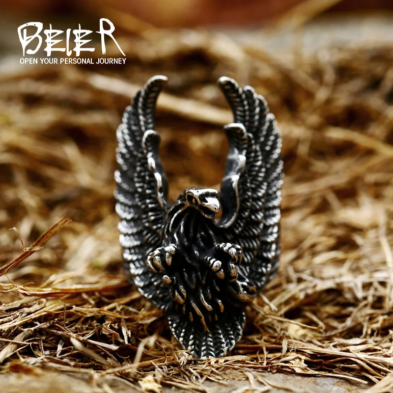 BEIER Drop Ship 316L Stainless Steel Biker Jewelry For Man High Quality Cool Punk 3D Eagle head Animal Ring gift BR8-436