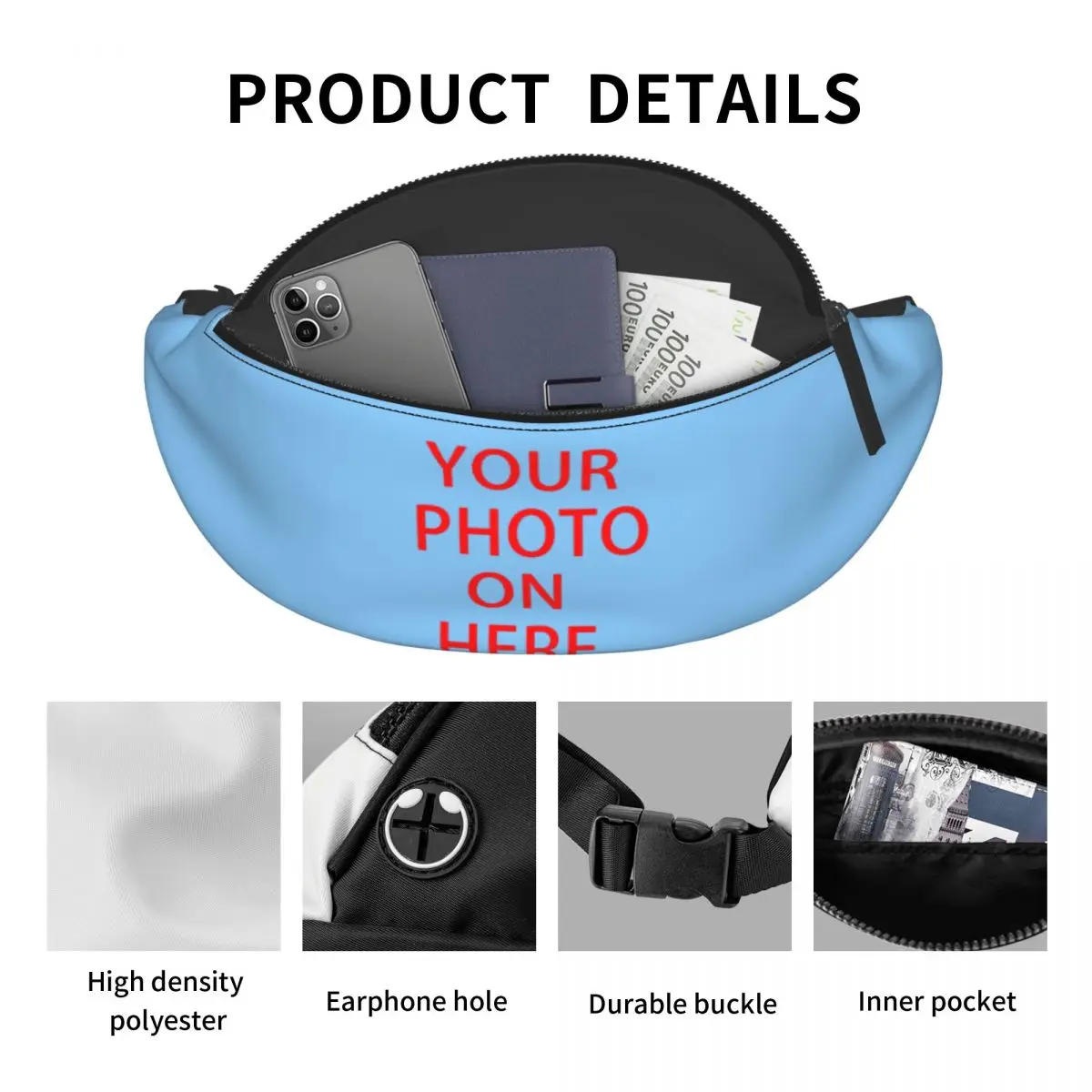 DIY Logo Fanny Pack para Mulheres, Crossbody, Bolsa de cintura, Bolsa de dinheiro para telefone, Dinheiro, Family Pets, Impressão fotográfica personalizada, Moda, Corrida