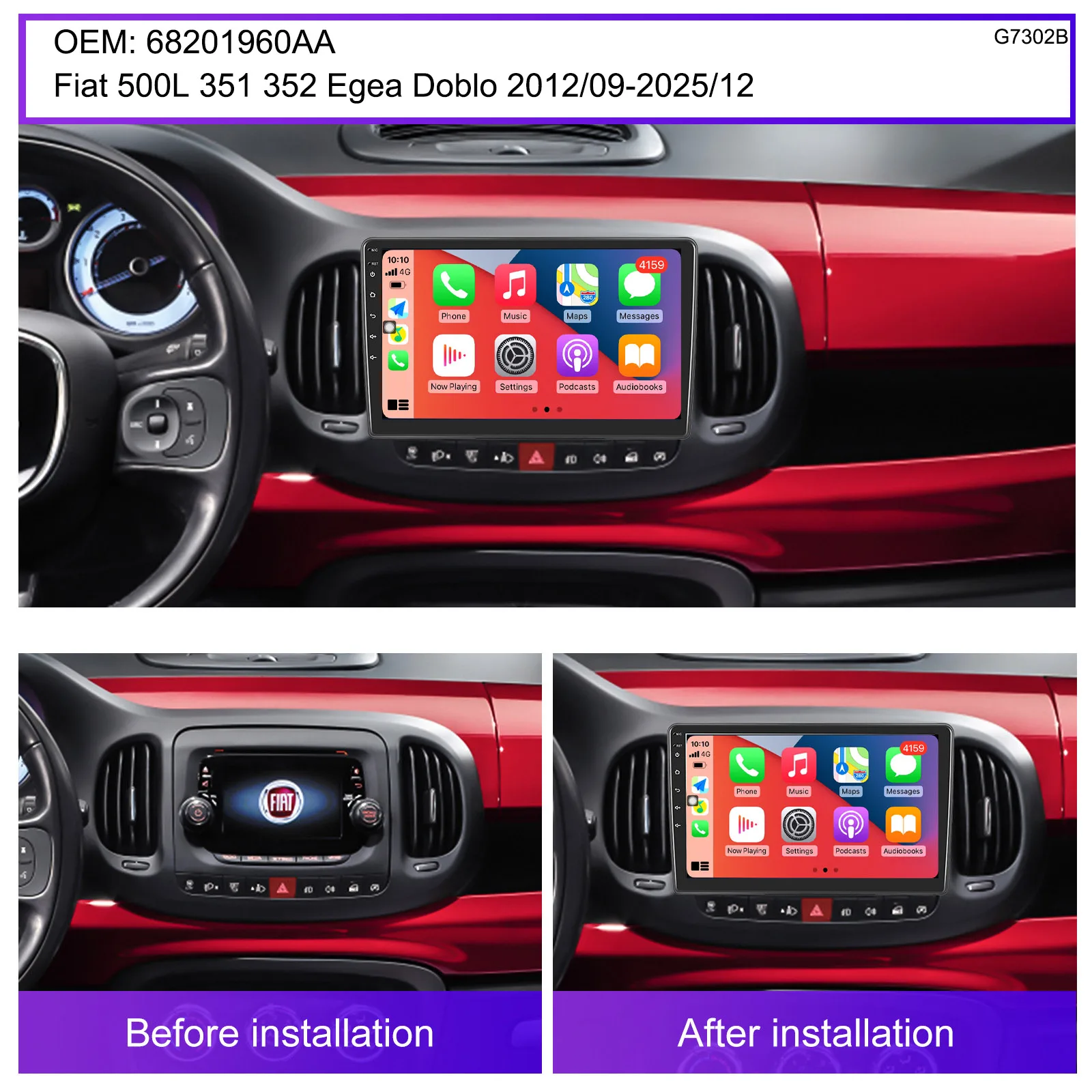 4+64GB 10“Android Auto Car radio Carpaly Bluetooth RDS GPS Navigation +AHD Reverse camera For Fiat 500L 351 352 Egea Doblo