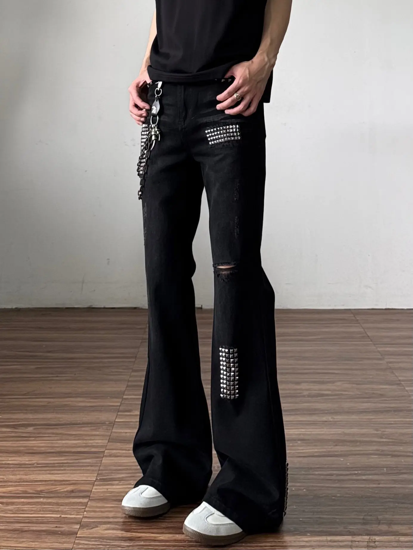 Retro American High Street Men's Jeans Bell Bottoms Washed Straight Leg Hole Punching Slim Fit Subculture Trendy Spring Jeans