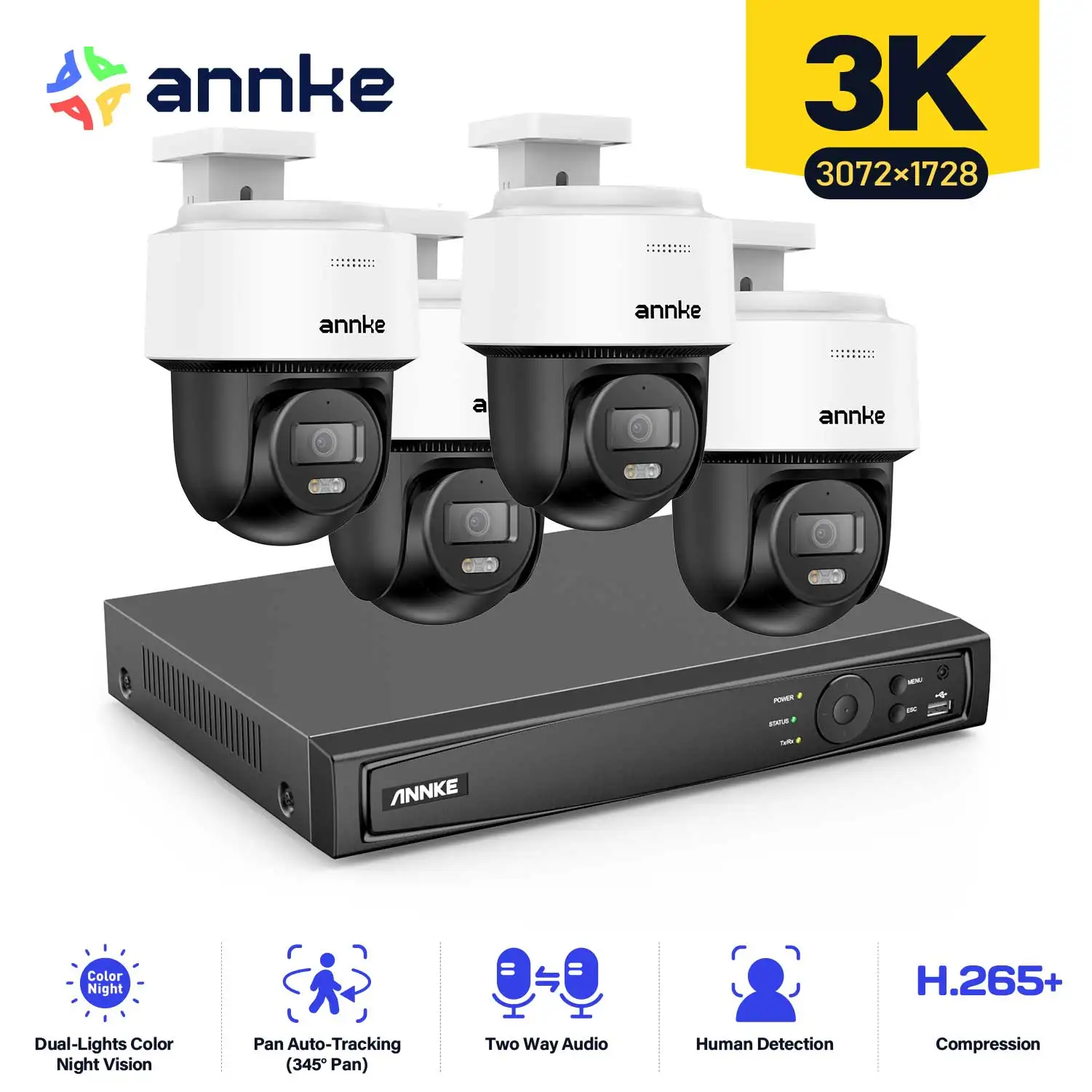 ANNKE 3K Surveillance System Smart Dual Light Network Dome Camera 12MP 8Ch PoE Support Human Detection Auto-Tracking