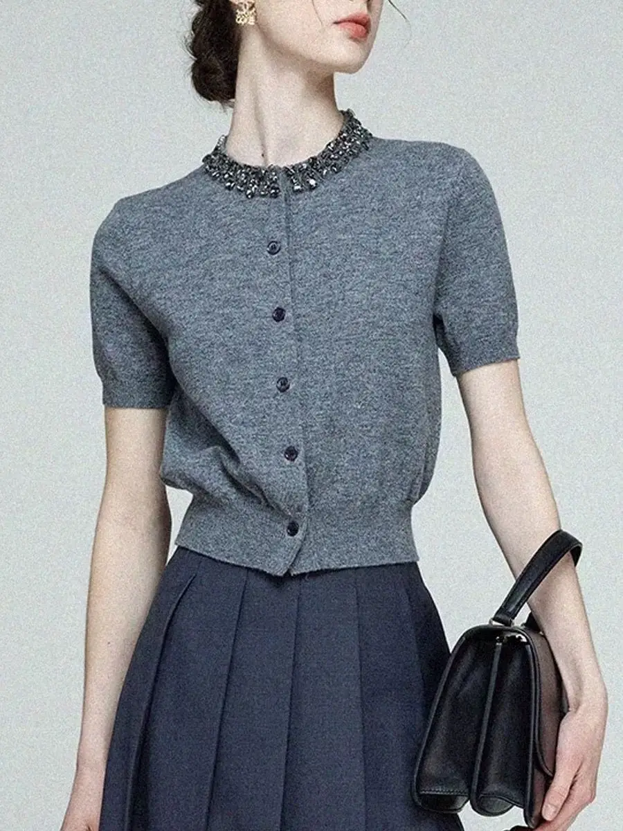 diamond round neck knitted cardigan women's gray thin short-sleeved T-shirt summer ice silk foreign style shirt 3