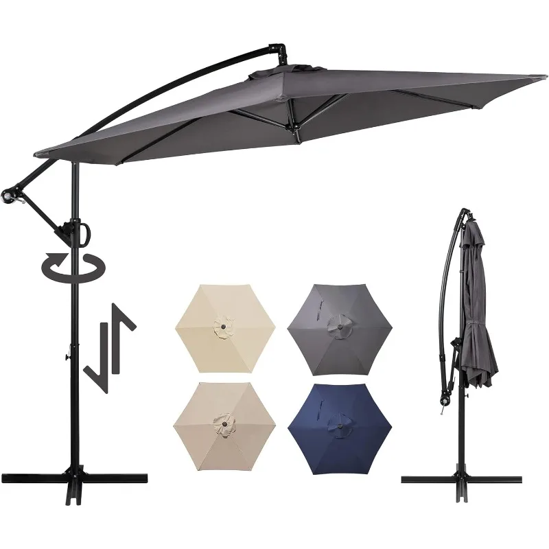 

360-Degree Rotation Hanging Offset Umbrella, Outdoor Cantilever Hanging Umbrella with Easy Tilt,Crank, Cross Base, Poolside Sun