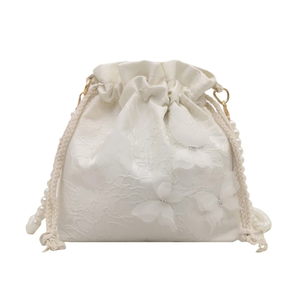 

Lace Embroidery Drawstring Bucket Bag Butterfly Printed Pearl Chain Crossbody Bag Ancient Style Storage Bag