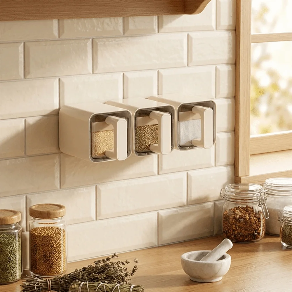 Home Gadgets Wall-Mounted Spice Storage Rack Sealed No Punch Chili Jars with Spoon Plastic Salt Jars Condiment Storage