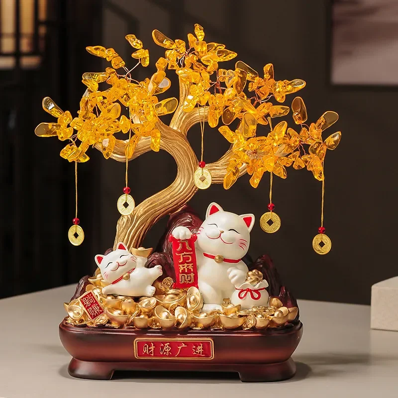 for Lucky Cat Fortune Tree Ornament Wealth Attracting Decor for Living Room Entrance Office New Store Opening Good Luck Gift
