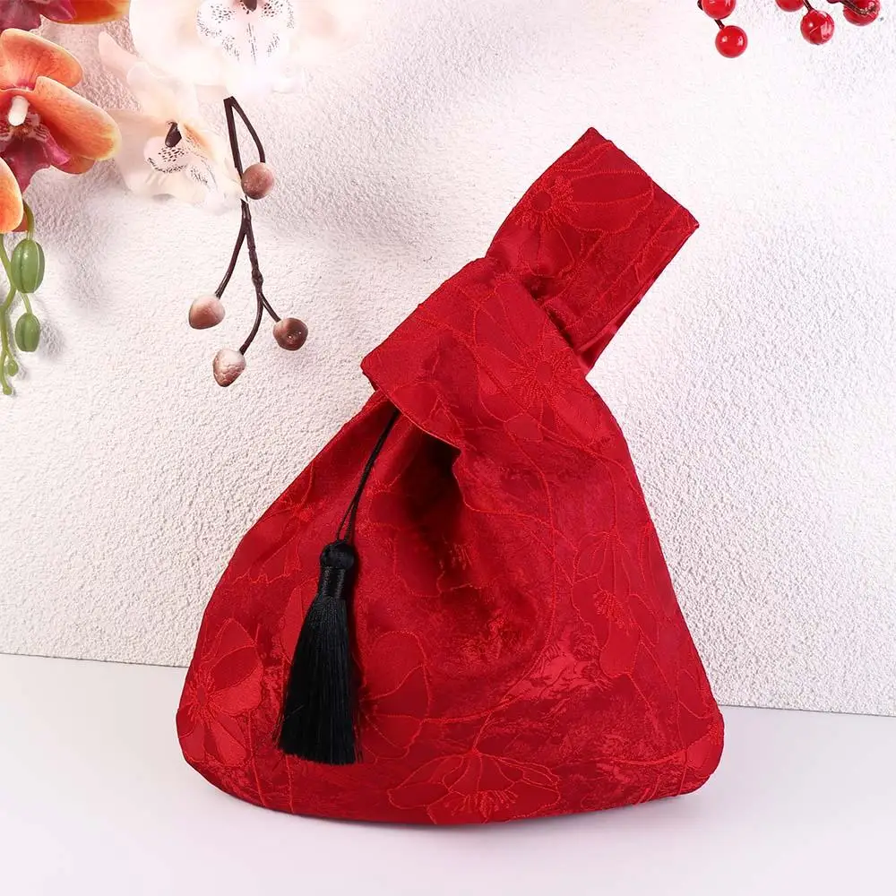 

Клатч-сумочка на запястье с кисточками и узелком, красная вышитая сумочка для мелочей, свадебная сумочка для конфет, с цветочным кулоном