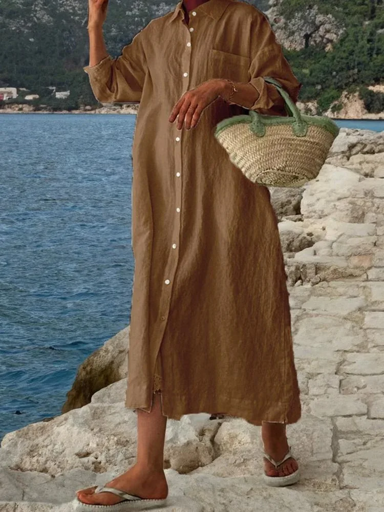 ใหม่ 2025 ฤดูร้อนผู้หญิงผ้าฝ้ายลินินเสื้อชายหาดสไตล์เสื้อกระโปรงพลิกคอยาวแขนยาวป้องกันแสงแดด Robe