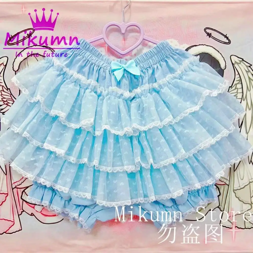 Mikumn Harajuku Zoete Kant Shorts Rokken Y2k Japanse Lolita Kawaii JK Ruches Bloeiers Vrouwen Elastische Taille Veiligheid Korte Broek
