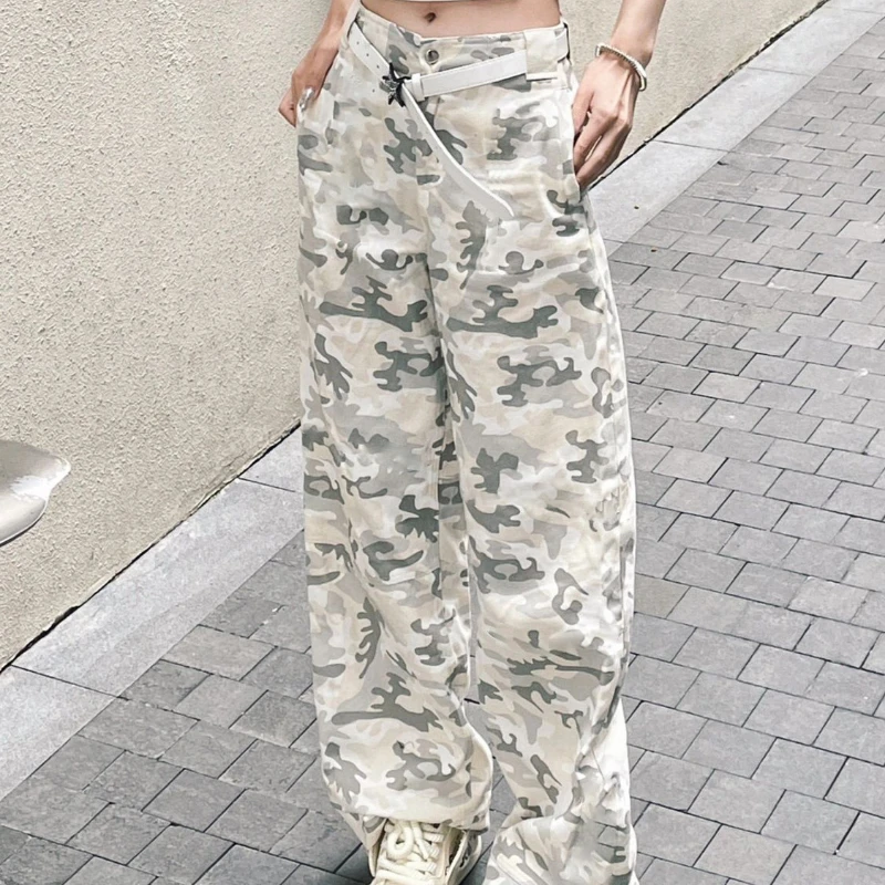 

Retro Vintage Contrasting Color Camouflage Wide-leg Pants for Women High-waisted Loose Slim Hip-hop Trousers Trendy