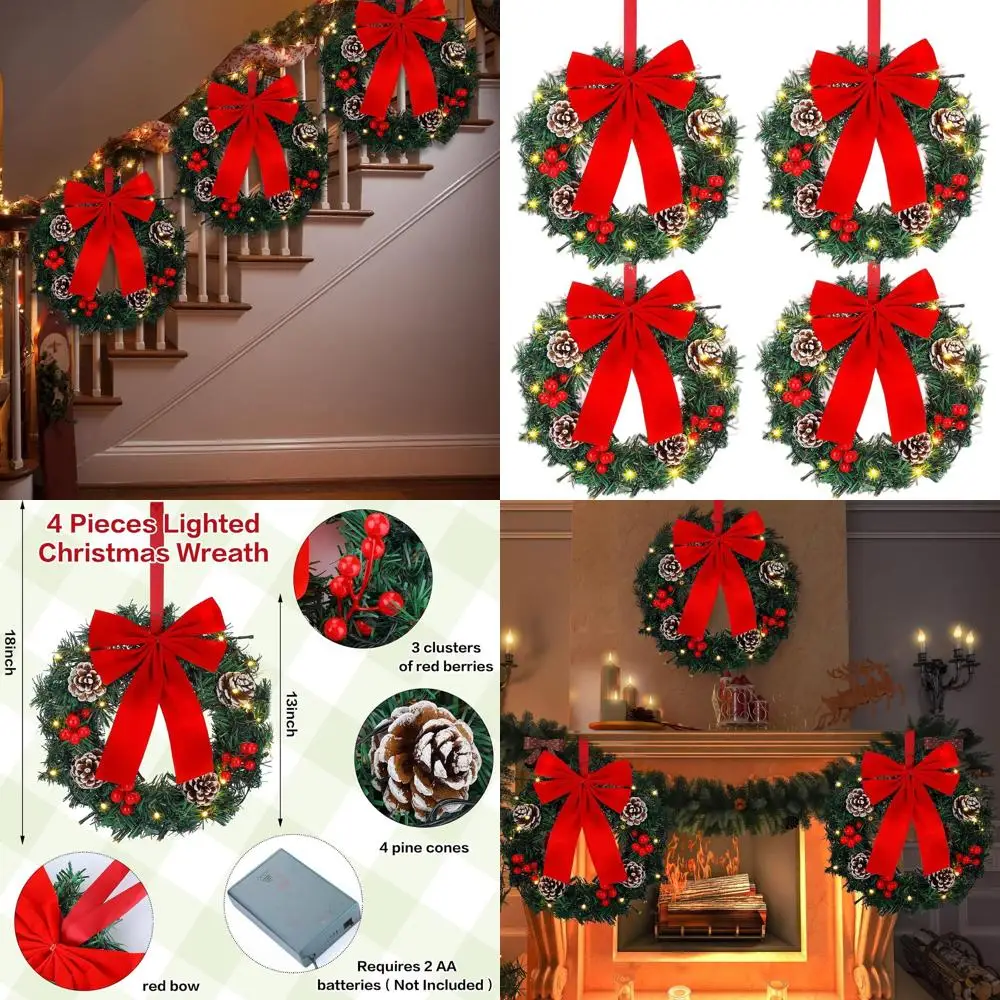 

12-светящиеся рождественские венки на батарейках с красными бантами для праздничного украшения двери или стен