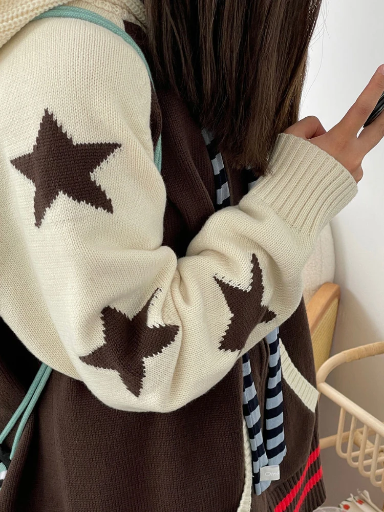 2024 Autumn Winter Harajuku Star Print Hooded Sweater Women Vintage Zip Up Cardigan Knit Loose Y2k Grunge Thick Jumper Kardigany