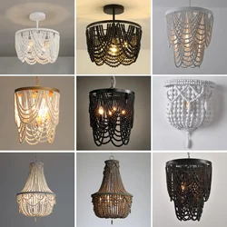Boho Wooden Beaded Chandeliers Lighting Bedroom Fringe Tassel French Hanging Lamp For Kitchen/Dining Room/Entryway/Hallway/Foyer