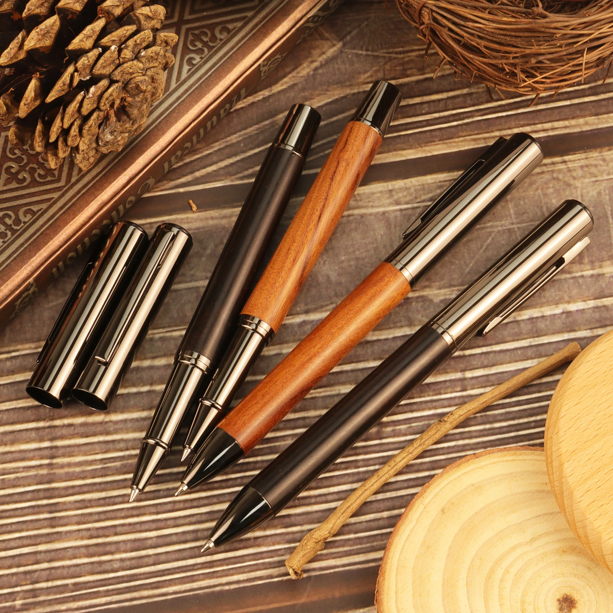 【Back-To-School】1/2 Pack Premium Wood grip Ballpoint/Sign Pen - Brown/Ebony Finish  - Smooth Writing