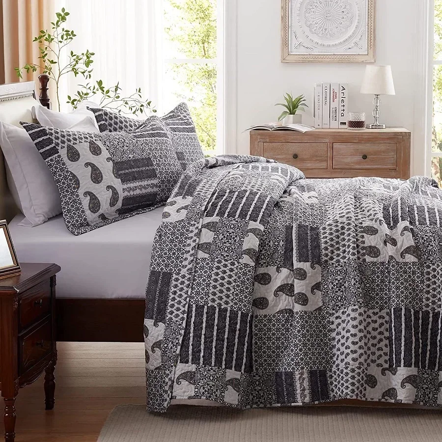 Block Printed Quilt Set 3PC Bedspread on the Bed Softable Bed Cover King Queen Size Lightweight Coverlet Blanket for Bed