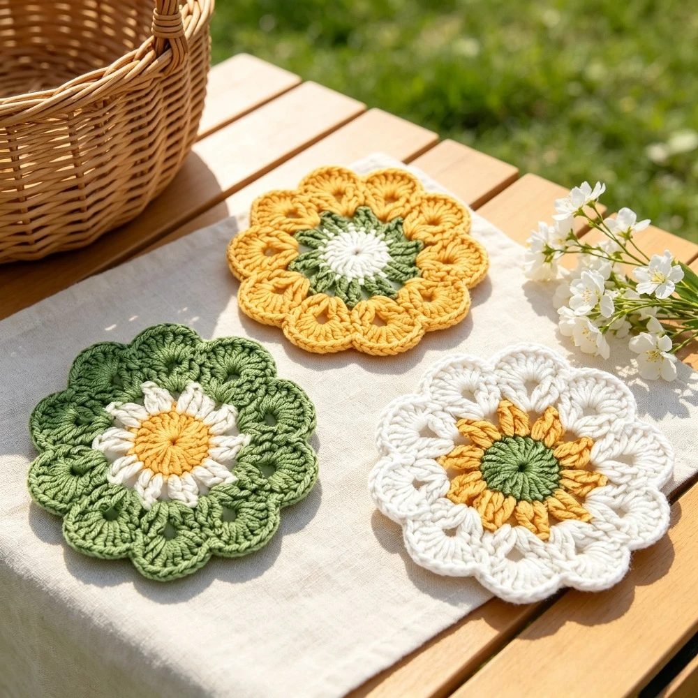 Handmade Crochet Flower Coaster Set of 3, Boho Floral Woven Cotton Drink Coasters,Cup Mats for Coffee Table, Kitchen Home Decor