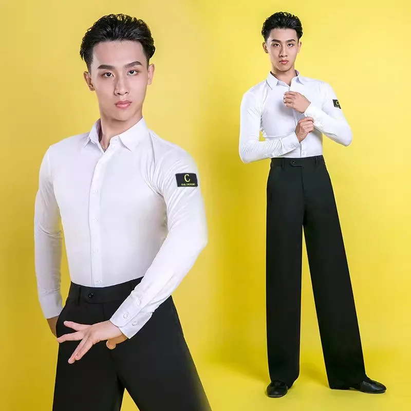 백인 남성 라틴 댄스 셔츠 옷 긴 소매 표준 현대 볼룸 탑 성능 왈츠 연습 댄스웨어 의상