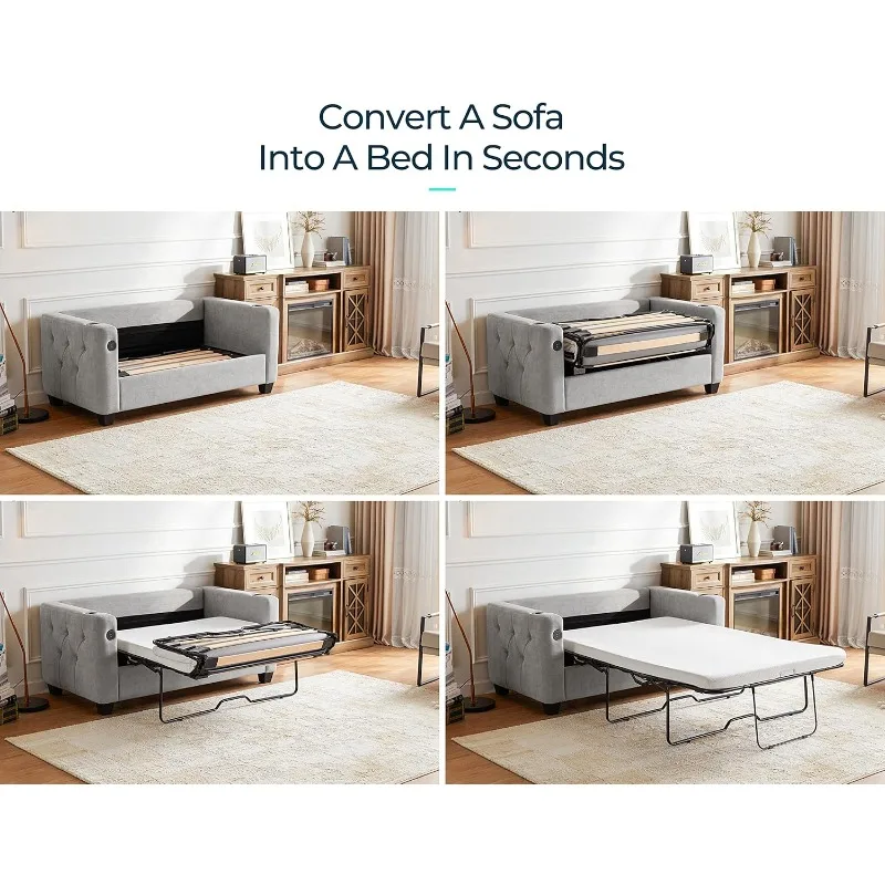 Pull Out Sofa Bed, 2-in-1 Convertible Sleeper Couch with Memory Foam Mattress and Solid Wood Bed Frame