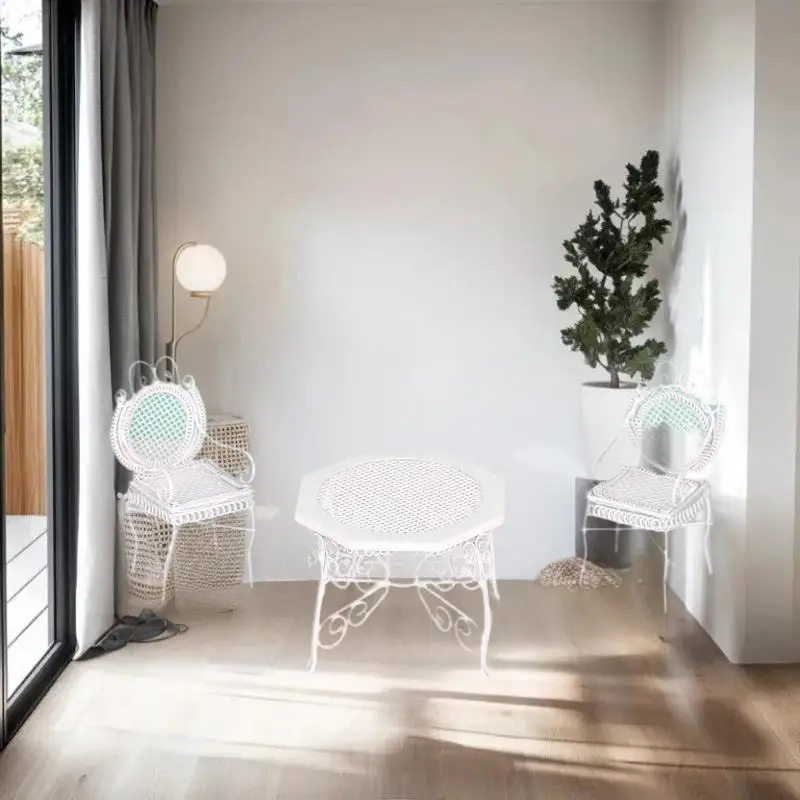 子供用ミニごっこ遊びおもちゃ、3個入り1/12ドールハウスミニチュア鉄製八角形テーブル＆チェアセット