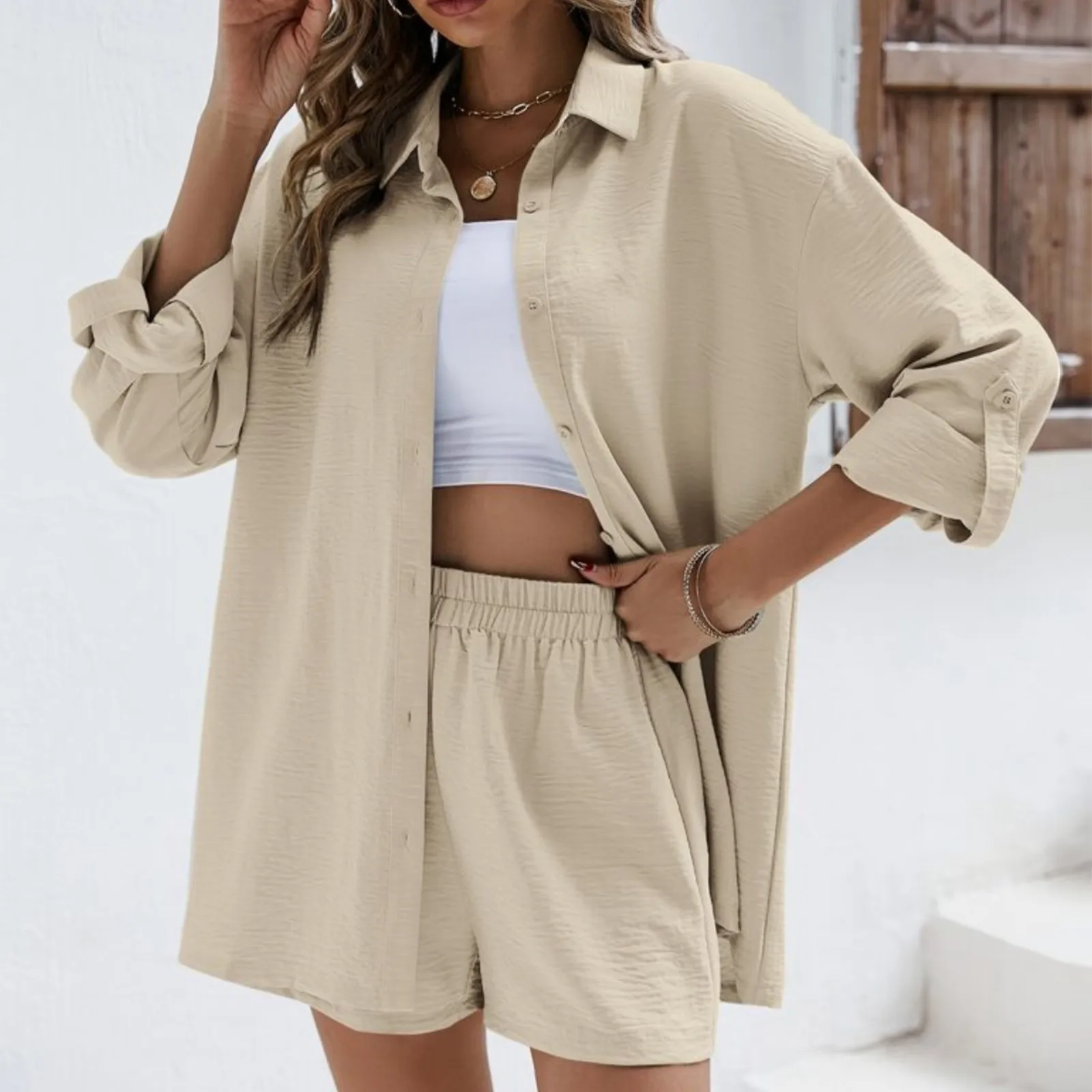 Summer Cotton Linen Outfits High Waist Shirt Shorts Women Turn Down Collar Long Sleeve Shirts Shorts Suits Casual Two Piece Sets