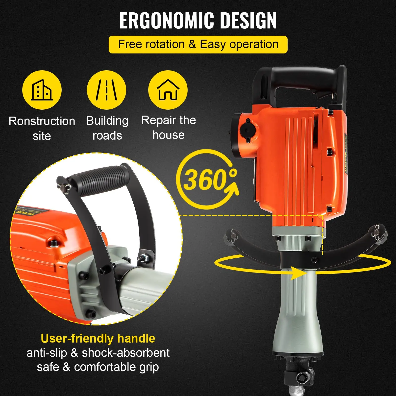 2200W Electric Demolition Jack Hammer 4 Bits Clay Spade Chisel & Scraping Chisel & Flat Chisel & Pointed Chisel 1400 RPM