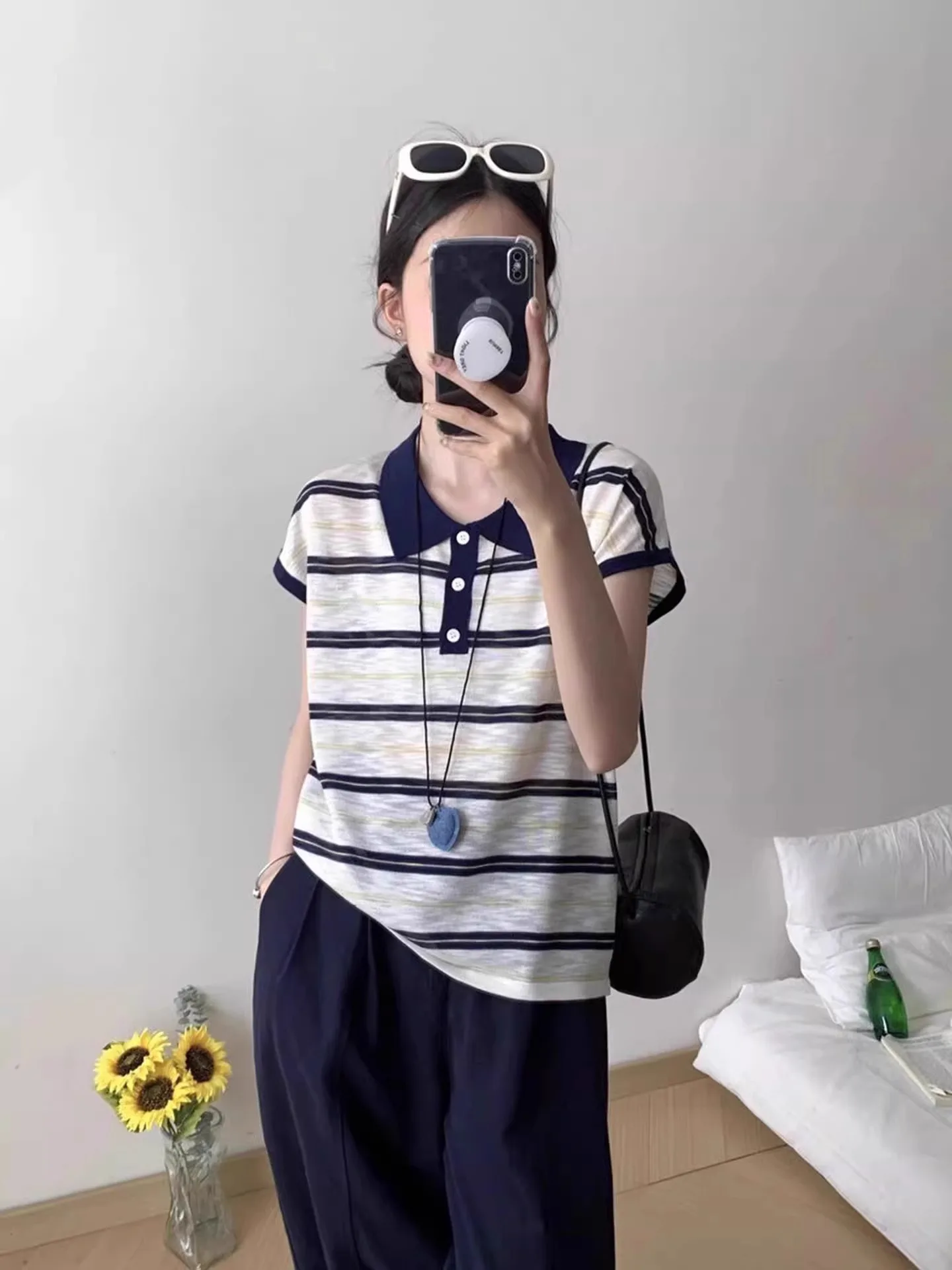 Breathable Color Blo Korean Sle Knitted Top Slim Fit Summer Design Loose ort Sve Striped T-irt Faionable Casual ...