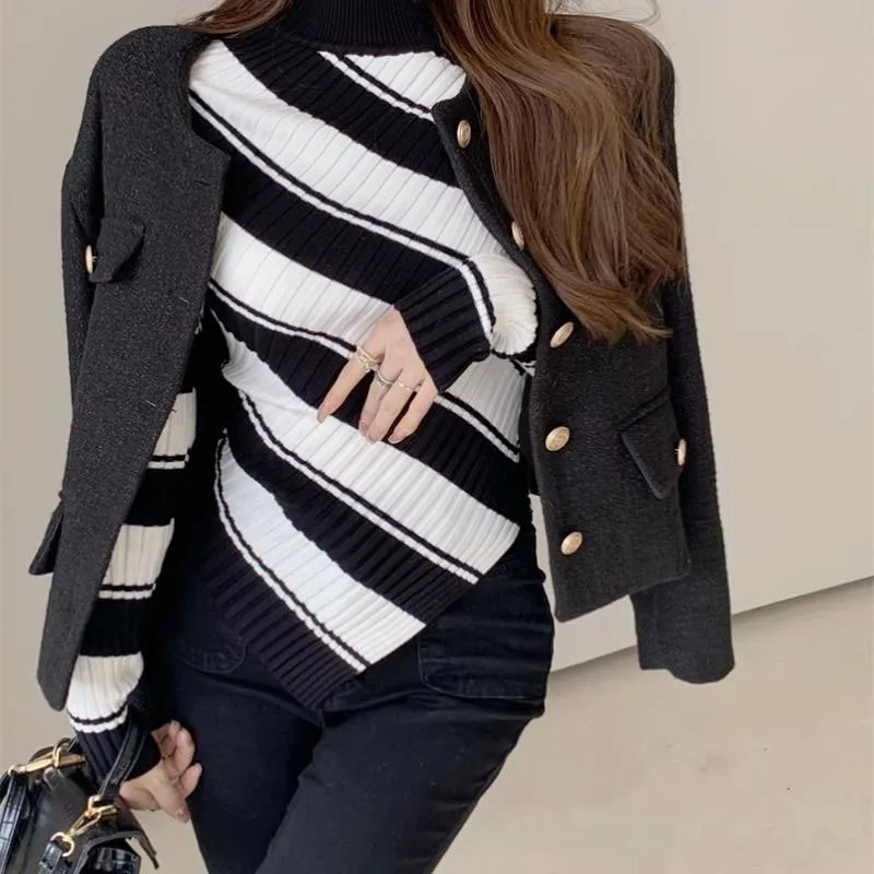 Lucyever Black White Striped Knitted Sweaters Female Fashion Irregular Long Sleeve Jumpers Women Korean Slim Fit Knit Pullovers