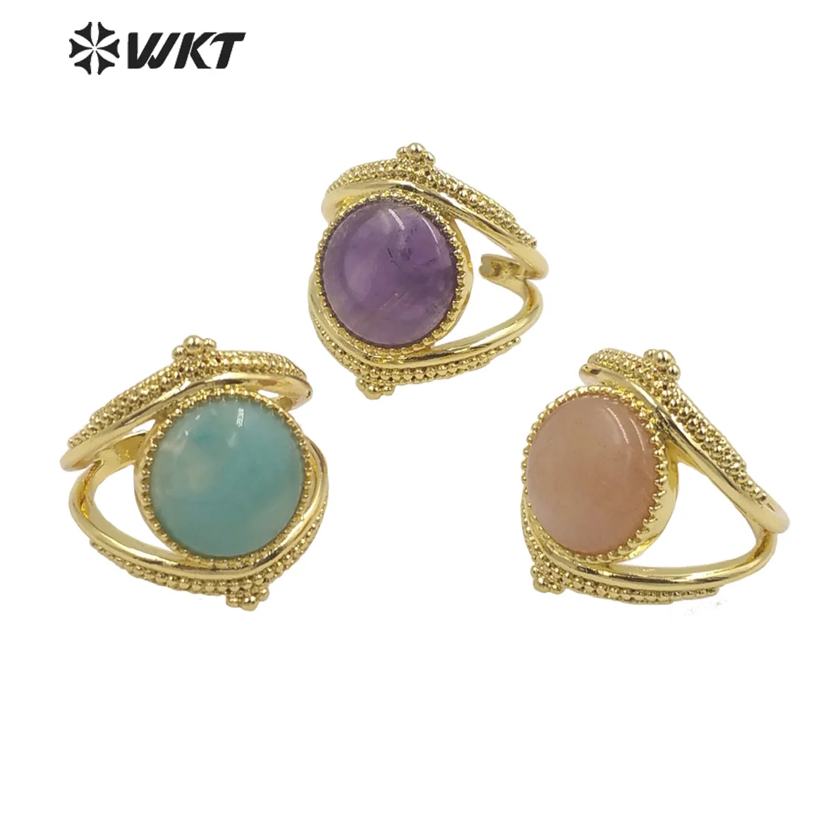 WT-R475 Popular Gold Plated Europe Design Attractive Round Stone Lady Lucky Open Size Birthday Gemstone Ring