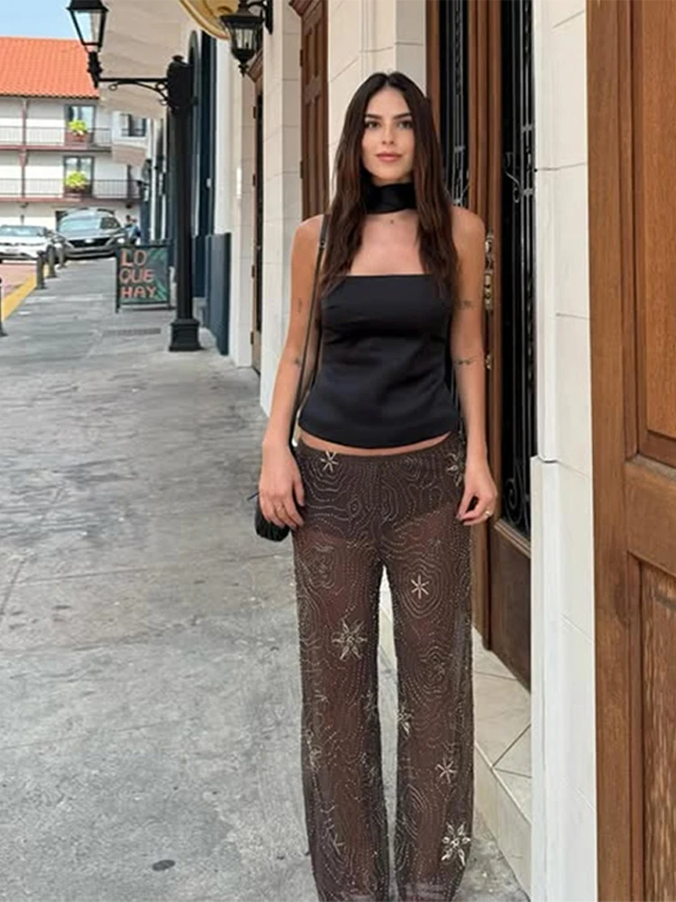

Fashion Embroidered Pants For Women Sequined Diamonds High Waist Wide Leg Perspective Trousers 2025 Summer Chic Lady Clothing