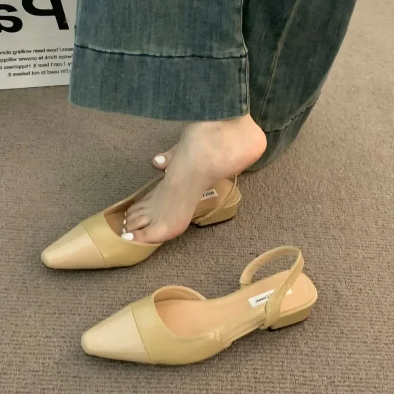 2025 New Women's Low Heel Party Shoes Sexy Pointed PU Leather Solid Color Casual Slip-on Women's Baotou Sandals Zapatillas Mujer