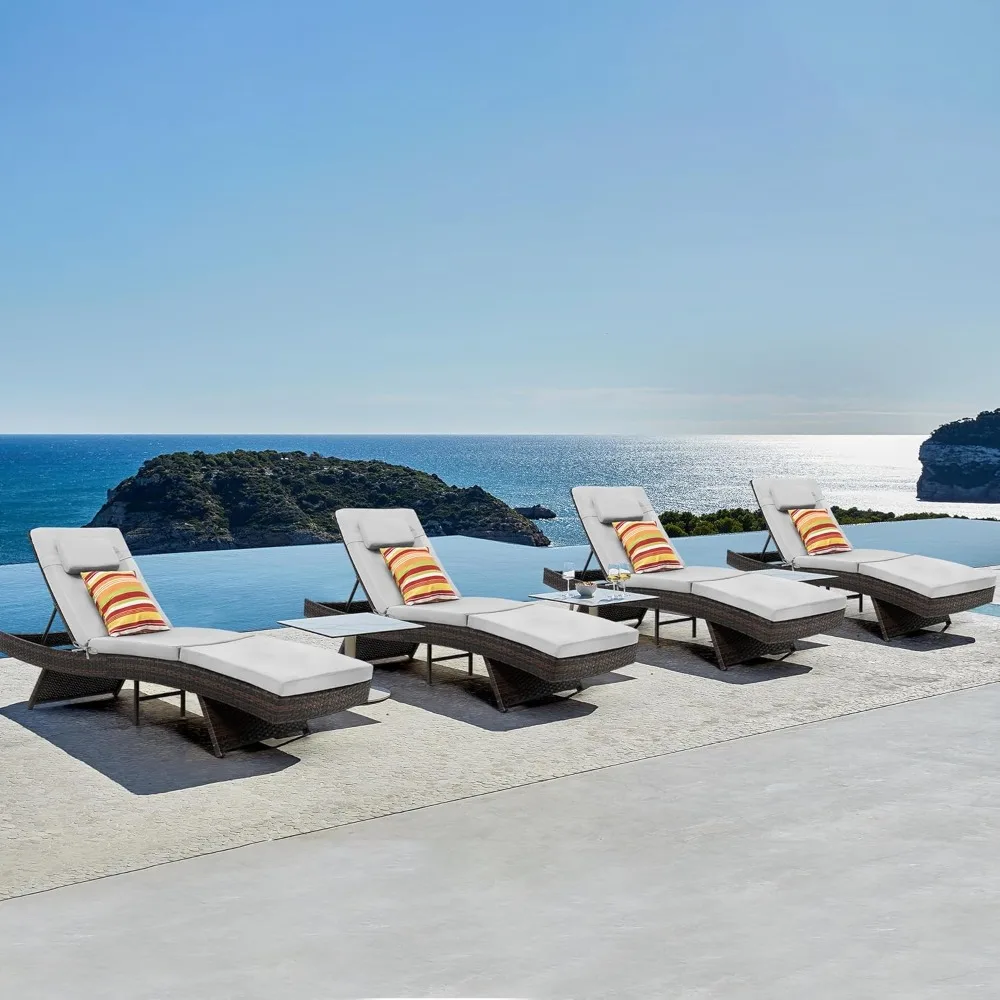 

Wicker Chaise Lounge Set of 4, Rattan Patio Lounge Chairs for Outside, Adjustable Chaise Loungers with Cushions & Pillows for D
