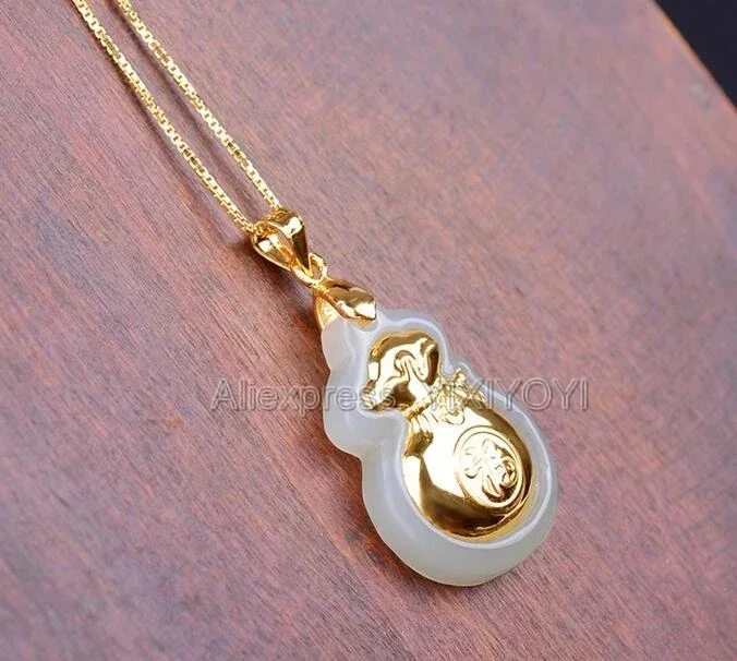 Natural White Hetian Jade + 18K Solid Gold Inlaid Carved Money Bag Lucky Pendant + Free Necklace Fine Jewelry + Certificate